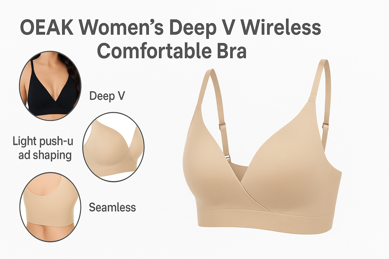 OEAK Women’s Deep V Wireless Push-Up Bralette: Seamless Support Without Underwire
